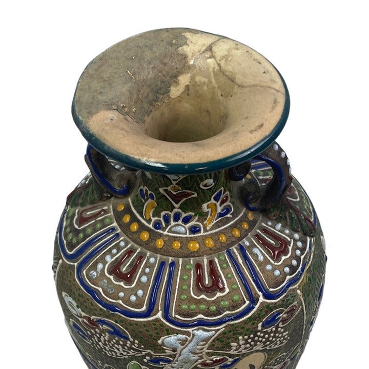 Vintage Ceramic Asian Couple Painted Mosaic Double Handle Crack Repair Vase