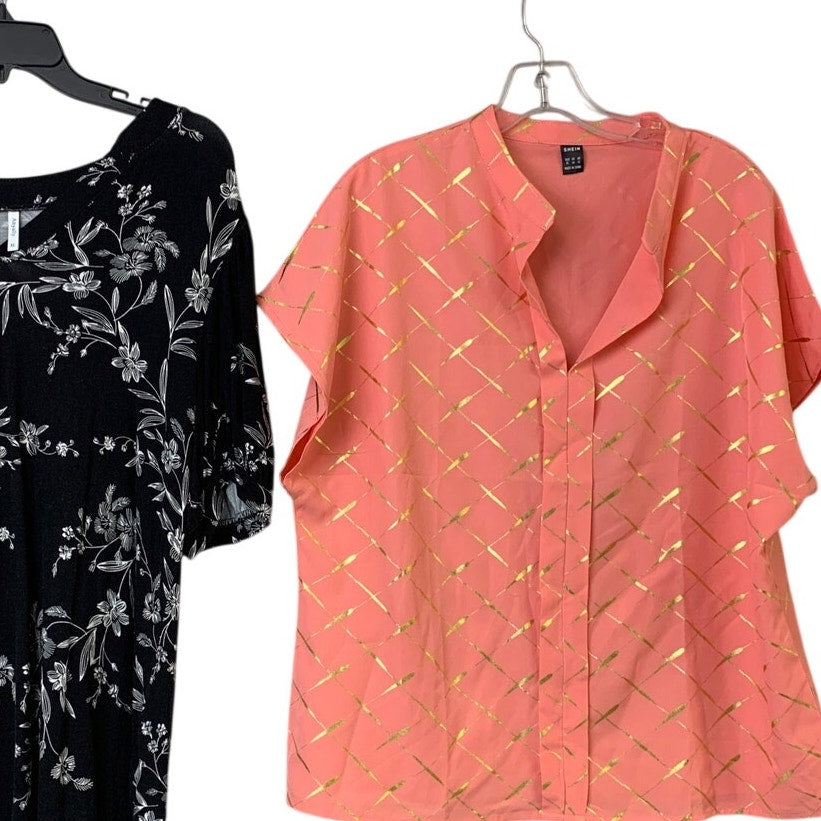 Lot of 2 Anyally Shein Womens XL Pink Black Floral Striped Short Sleeve Tops