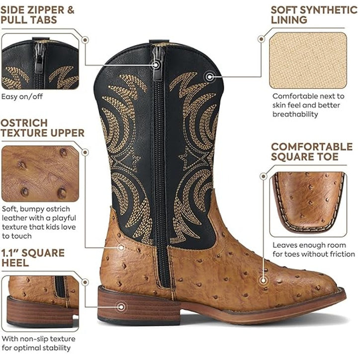 Rollda Boy Size 2 Black Tan Faux Leather Ostrich Square Toe Pull On Cowboy Boots