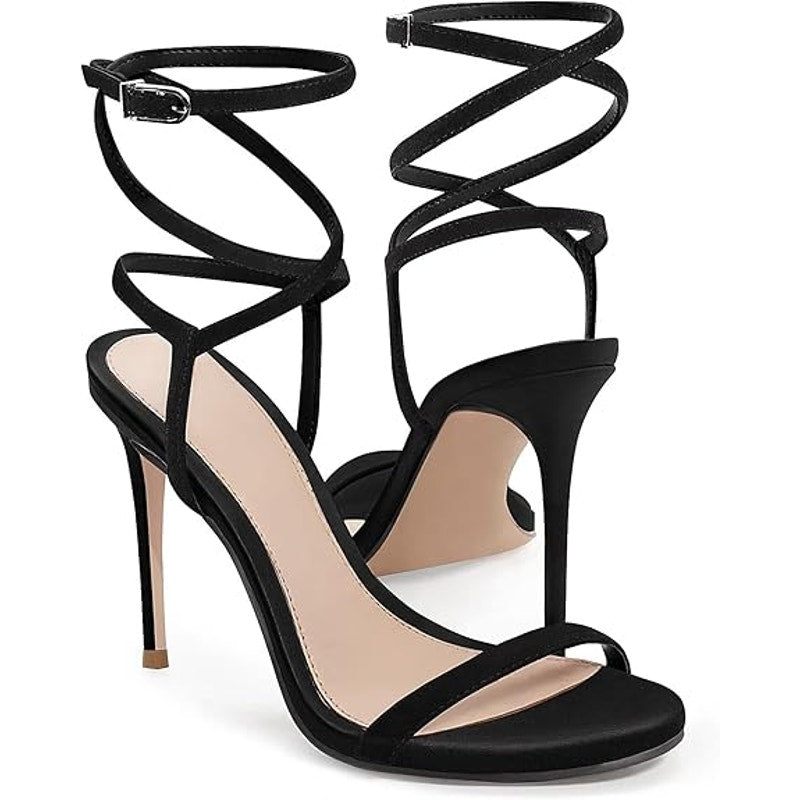 Coutgo Womens Size 7 Black Faux Suede Strappy Lace Up 4" Heel Ankle Strap Shoes