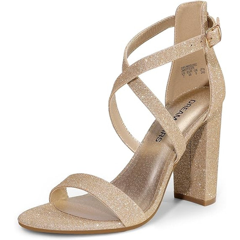 New Dream Pairs Womens 8.5 Gold Glitter 4" Block Heel Open Toe Ankle Strap Shoes