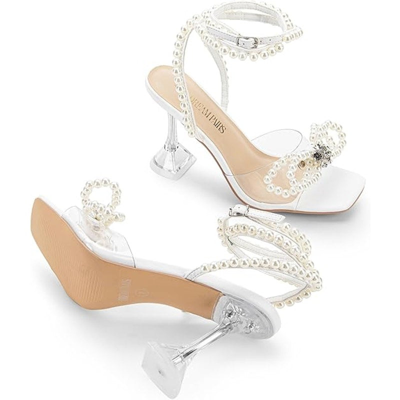 Dream Pairs Womens Size 8 White Pearl Open Toe Clear Strap 4" Heel Pump Shoes