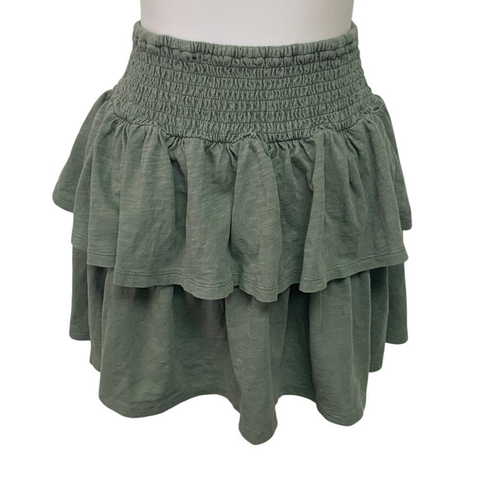New Aerie Womens Small Olive Smocked Waist Tiered Ruffled Sample Mini Skirt
