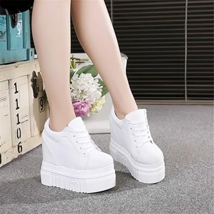 New Ace Shock Womens Size 7.5 White Canvas Hidden 5" Heel Wedge Platform Shoes
