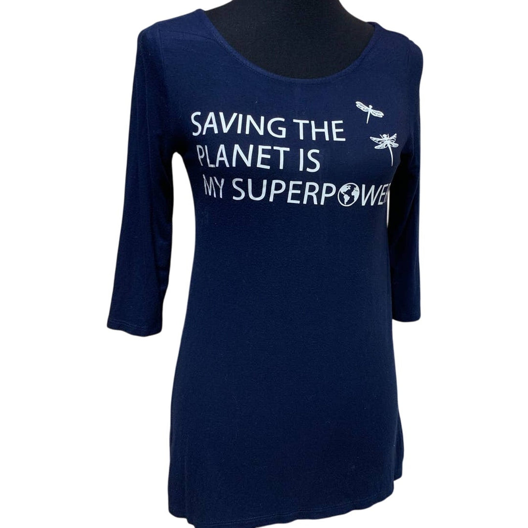 Hand Printed Upcycled Womens Large Dragonfly Saving the Planet Superpower Blouse