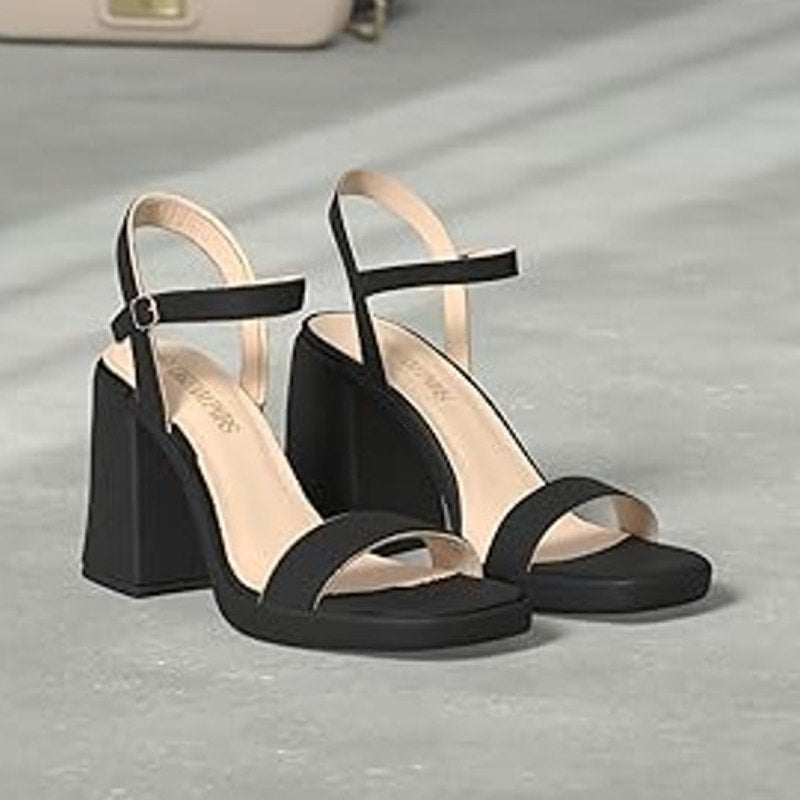 Dream Pairs Womens Size 9.5 Black Faux Leather 4.5" Chunky Platform Heels Shoes