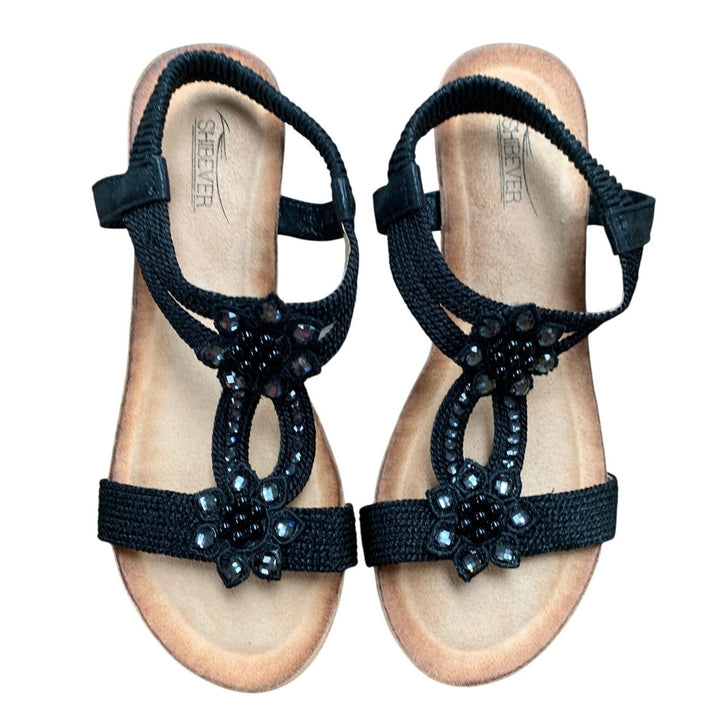 Shibever Womens Size 7 Black 2" Wedge Heel Beaded Floral Open Rount Toe Shoes