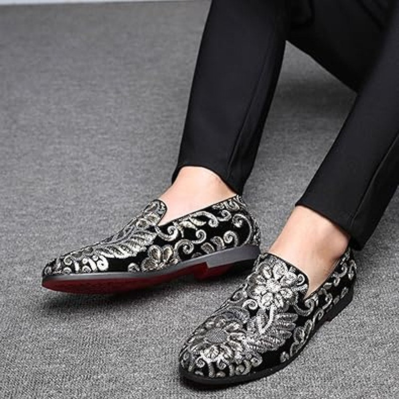 Venshine Mens Size 9.5 Black Velvet Silver Sequin Slide On Formal Loafer Shoes