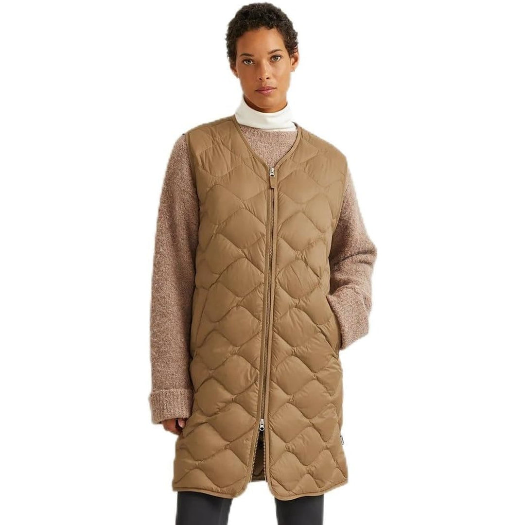 New Eddie Bauer Womens Camel Gold 650FP Down Shaw Zip Up Long Puffer Vest