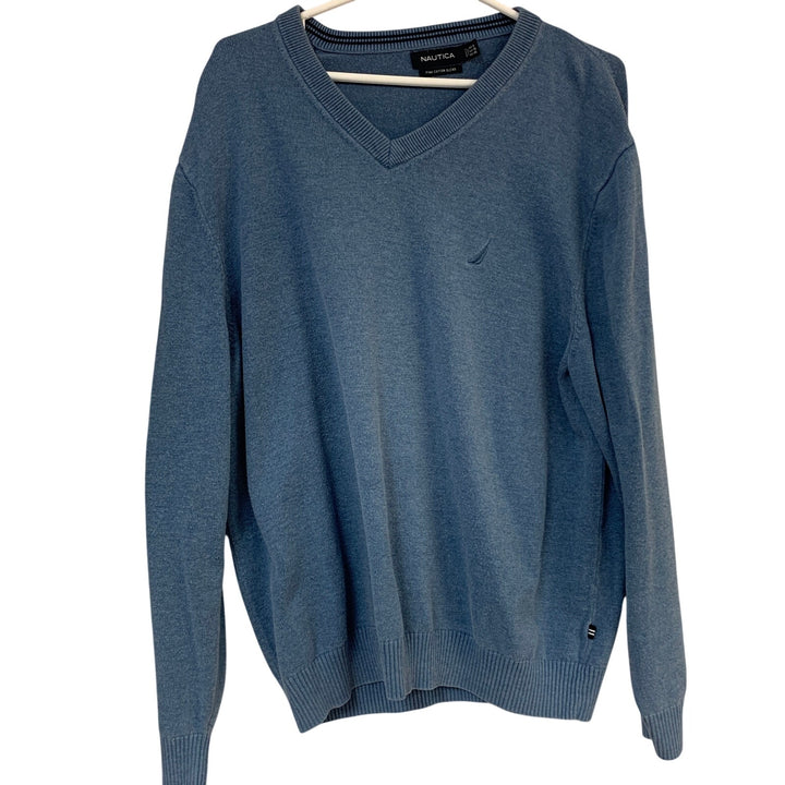 Lot of 2 Nautica Mens XL Heathered Gray Blue Long Sleeve V Neck Knit Sweaters