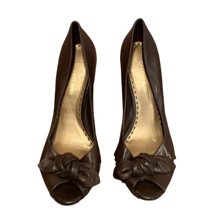 Gianni Bini US 9.5 Chocolate Brown Tied Bow Peep Toe Leather 3.5" Heels Pumps