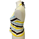 Sonoma Womens Size 10 Striped Deep V Silver Ring Neck Tie Swim Suit Halter Top