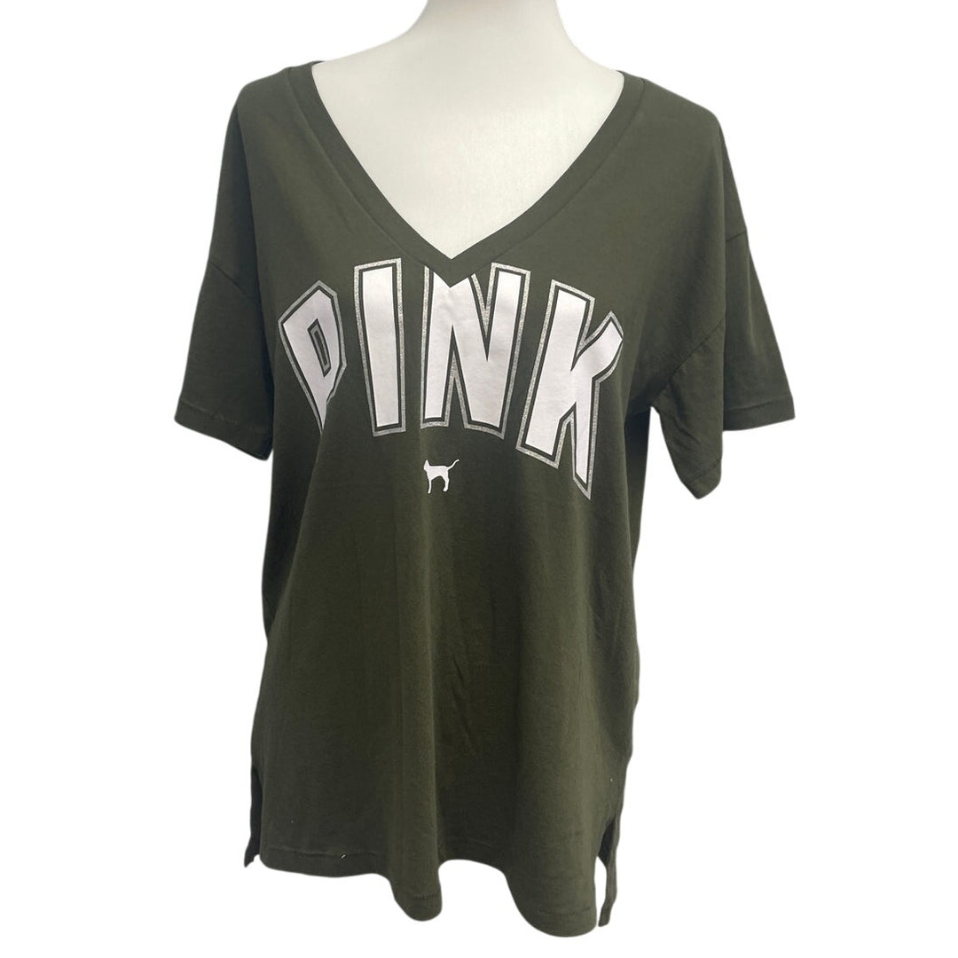 Victorias Secret Pink Womens Large PolyCotton V Neck Short Sleeve Tee Shirt