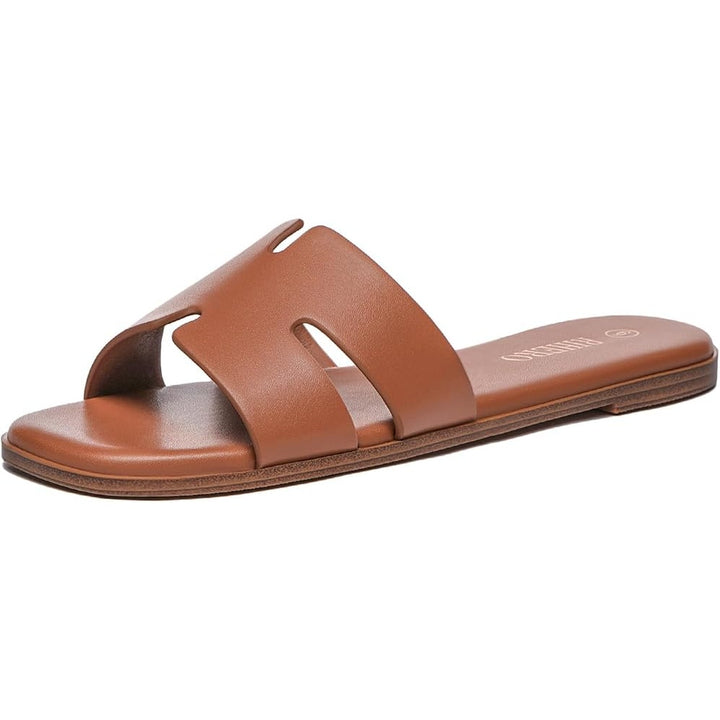 Rihero Womens Size 7 Brown Faux Leather Open Toe Slide On Dressy Flat Sandals