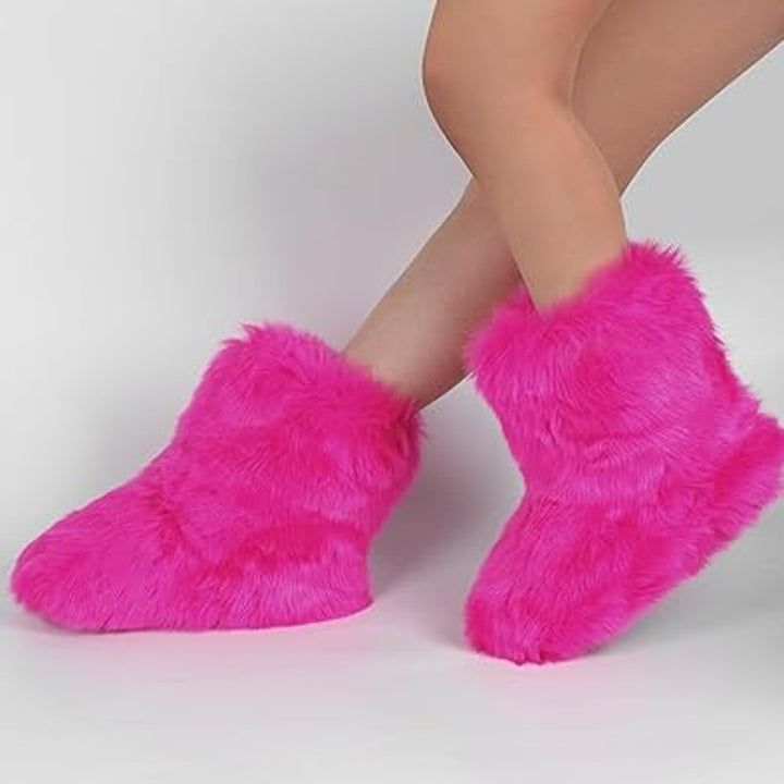 New Womens Size 9.5 Pink Faux Fur Boots Fuzzy Pull On Warm Winter Boot Shoes