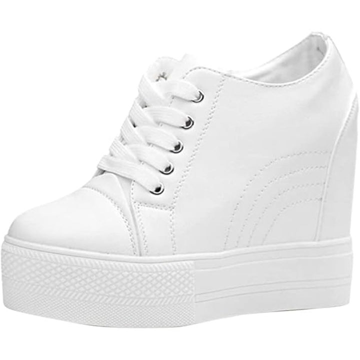 New Womens Size 6 White Faux Leather 4" Hidden Heel Lace Up Wedge Sneakers Shoes