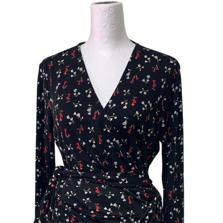Lark &amp; Ro Womens Medium Red Black Floral Long Sleeve V Neck Belt Tie Wrap Dress