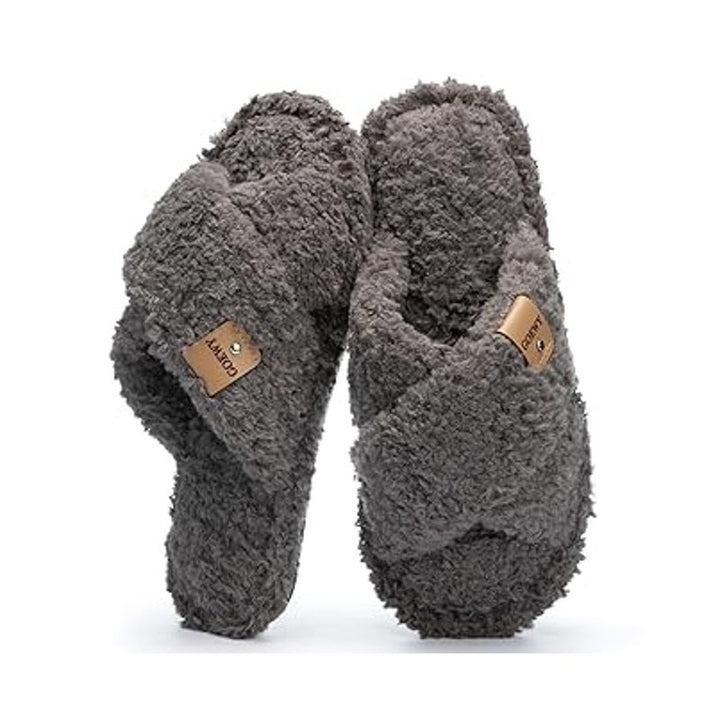 Goewy Womens Size 7-8 Gray Open Toe Fuzzy Memory Foam Slide On Slipper Shoes