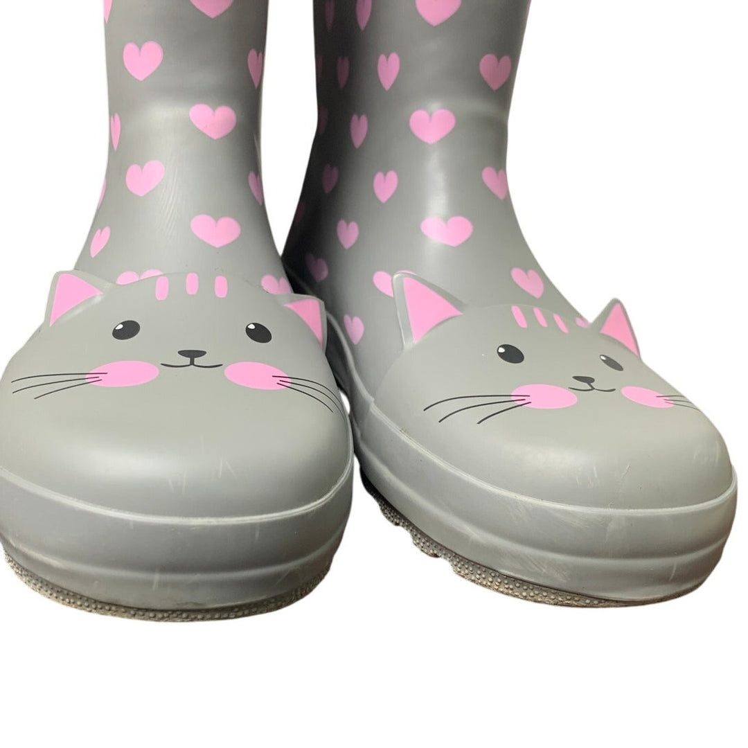 Rain Angel Big Girls Size 4 Gray Pink Cat Pull On Waterproof Rain Boot Shoes