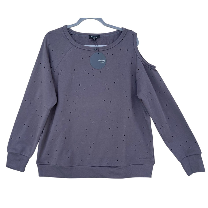NWT New Mitto Shop Womens Small Destroyed Detail Single Cold Shoulder Sweatshirt