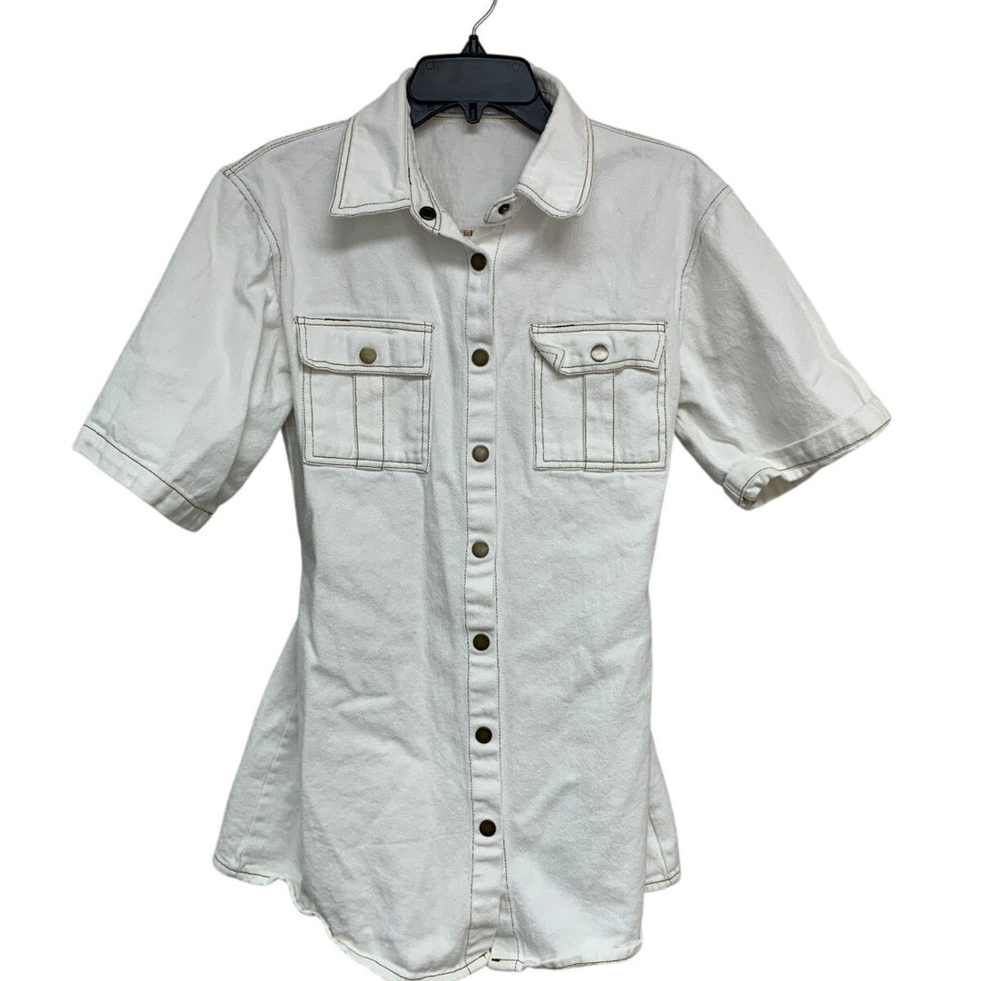 Petal &amp; Pup Womens Size 4 White Hailey Short Sleeve Snap Up Denim Mini Dress