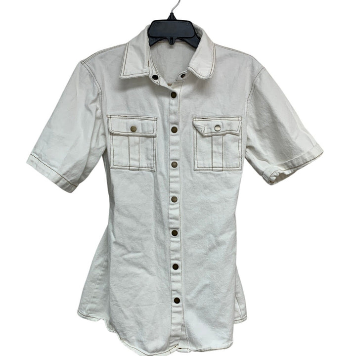 Petal &amp; Pup Womens Size 4 White Hailey Short Sleeve Snap Up Denim Mini Dress