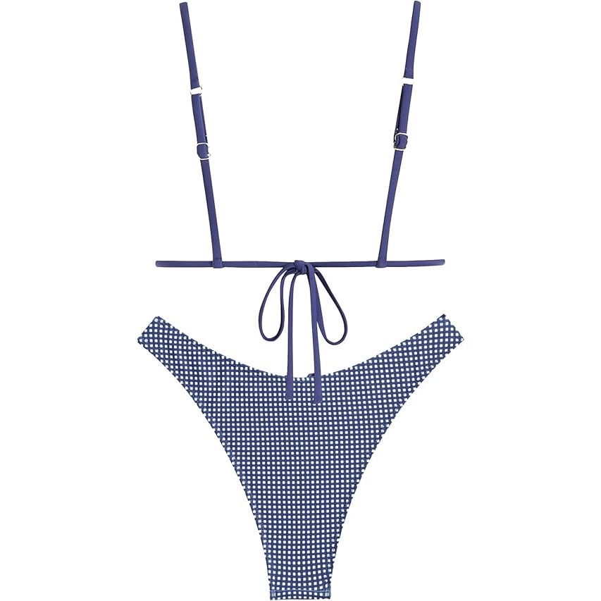 Seamoly Womens Small Gingham Tie Back Two Piece Thong Triangle Bikini Swimsuit