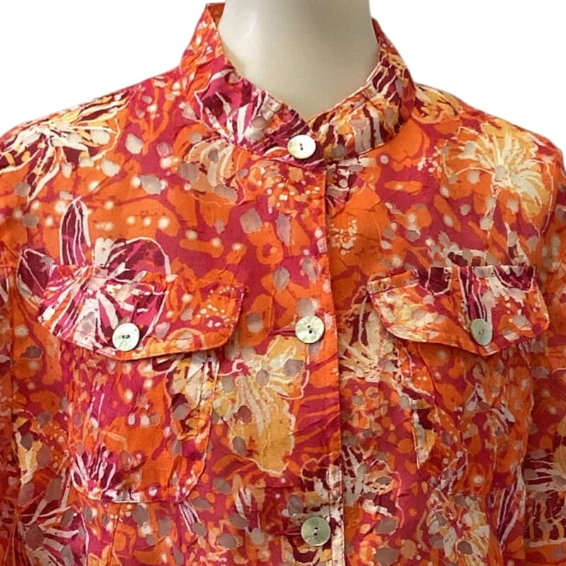 Ruby Rd Womens Plus Size 14 Linen Blend Floral Partially Sheer Button Blouse