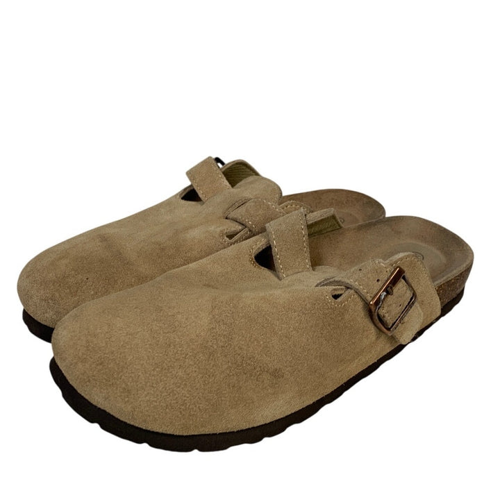 Kidmi Womens Size 8 Beige Tan Clogs Sandal Faux Suede Buckle Slip On Shoes
