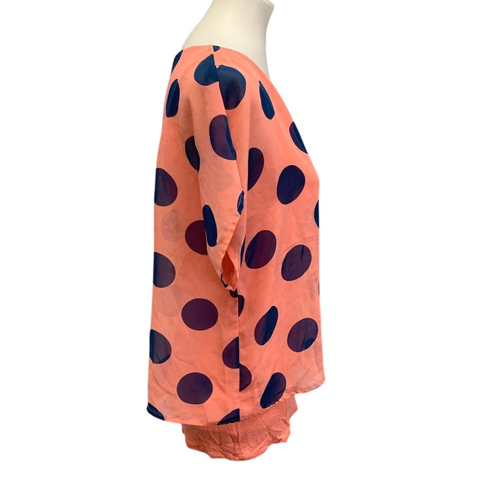 Charlie Womens Small Polka Dot Flowy Layered PolyBlend Short Sleeve Blouse Top
