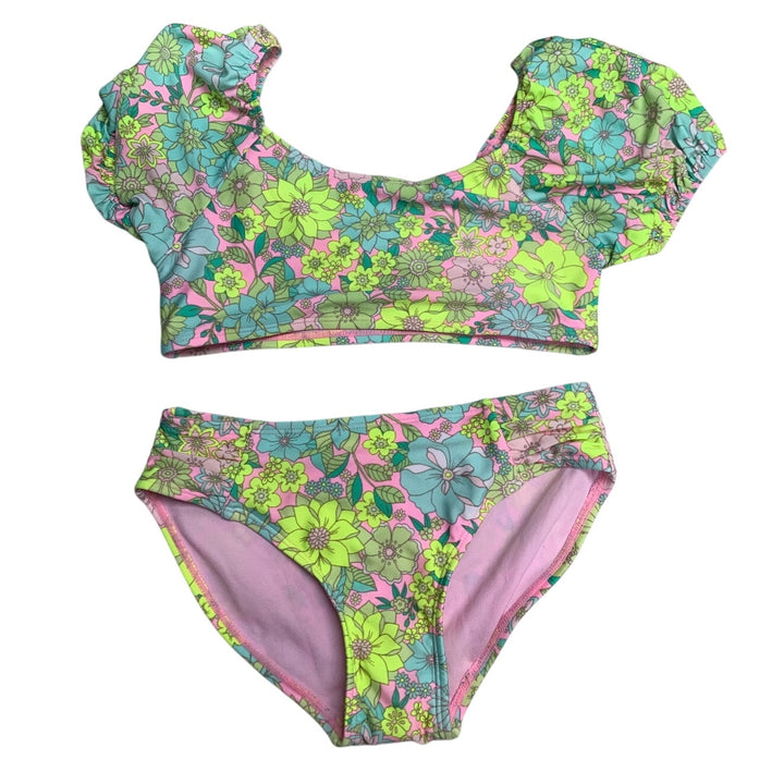 New Cat &amp; Jack Girls Medium (8) UPF 50+ Neon Yellow Floral Bikini 2PC Swimsuit