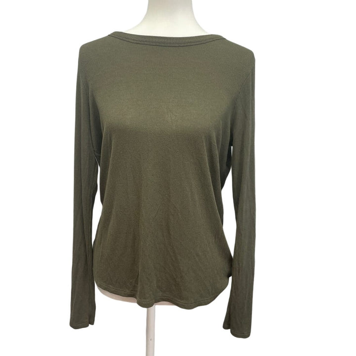 So Womens Olive Green Large Long Sleeve Stretchy Ribbed Rayon Spandex Top