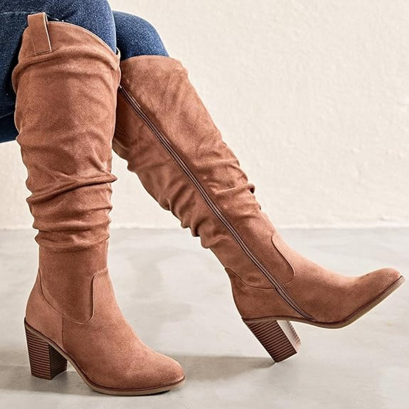 Luoika Womens Size 9 Extra Wide Brown Faux Suede Slouch 3.5" Heel Cowboy Boots