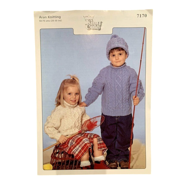 New 1998 King Cole 7170 Aran Child Pullover Sweater Hat Set Knitting Pattern