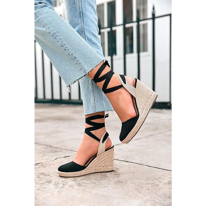 New Ermonn Womens 8.5 Black Espadrille Platform Closed Toe Ankle Strap Sandals