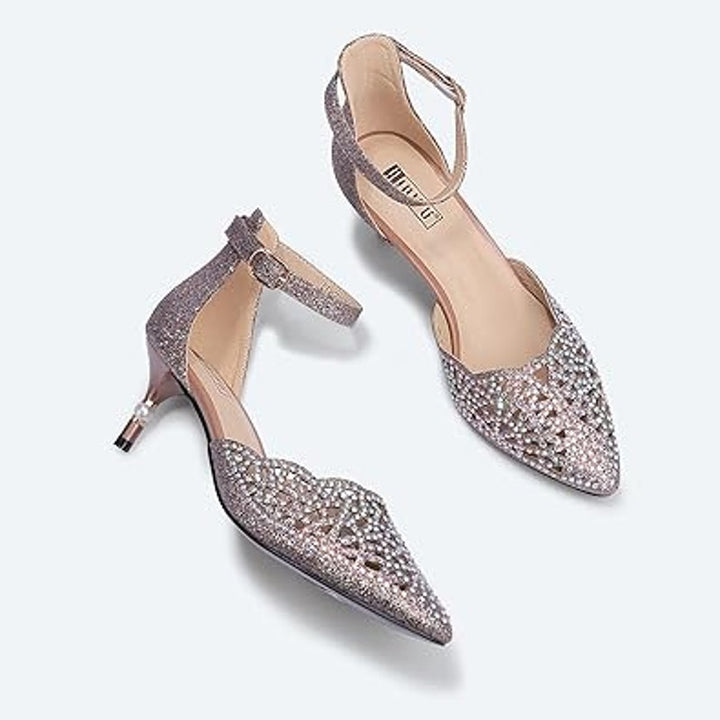 Idifu Womens 9 Rhinestone Glitter 2.5" Pearl Heel Closed Toe Ankle Strap Shoes
