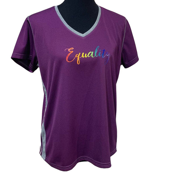 Hand Printed Upcycled Womens Petite XL Equality Rainbow Pride V-Neck Tee