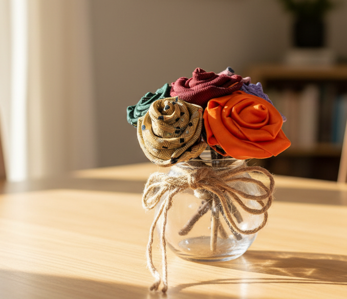 Exact rainbow necktie bouquet in a lifestyle setting