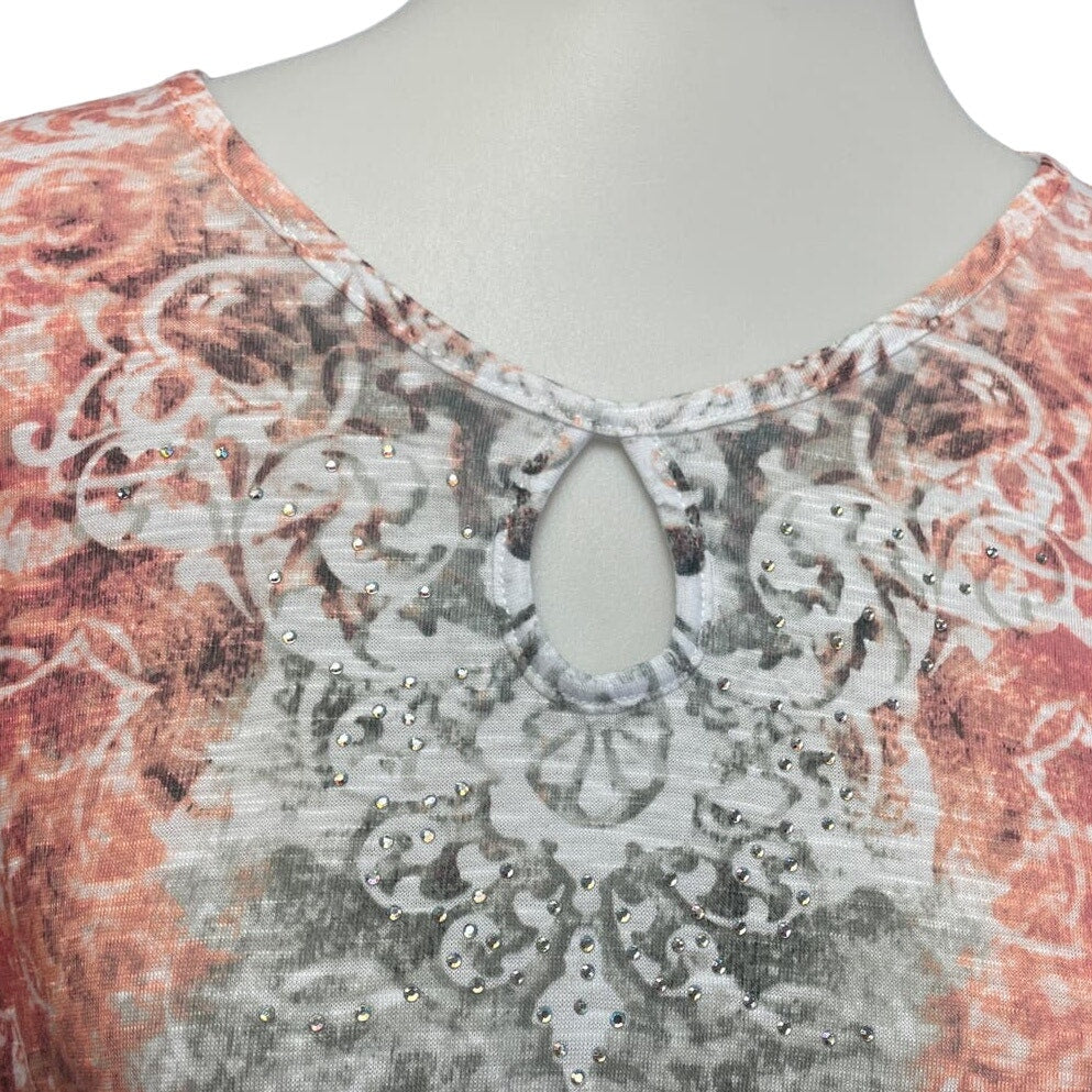 Time &amp; Tru Womens Large Rhinestone Lace Scrollwork Short Sleeve Polyester Tee