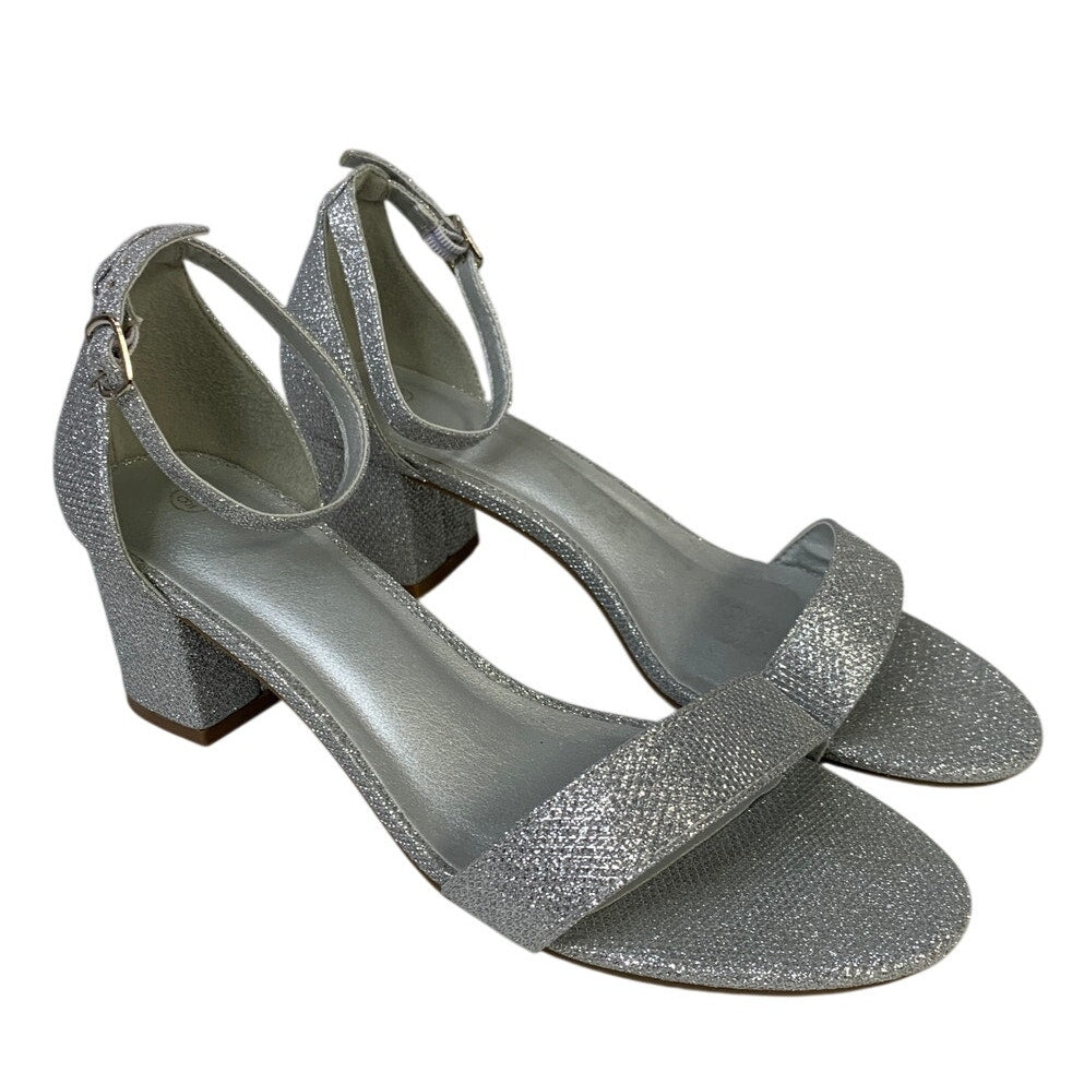 Womens Size 9 Silver Glitter 2.5" Chunky Heel Open Round Toe Ankle Strap Shoes