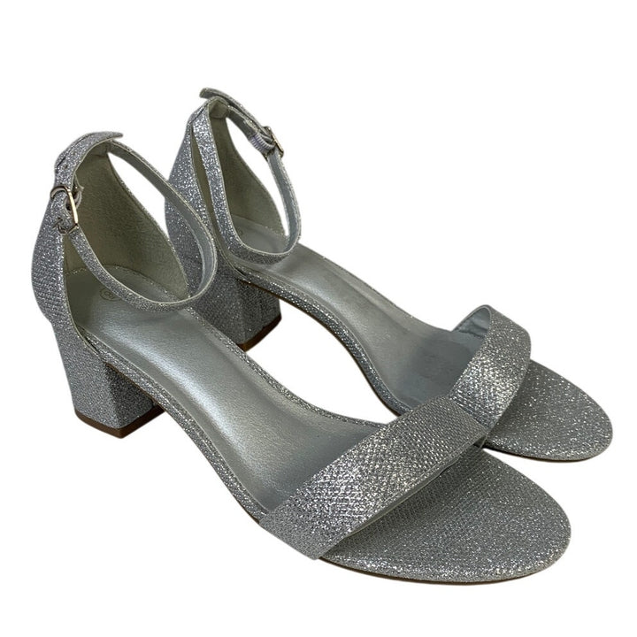Womens Size 9 Silver Glitter 2.5" Chunky Heel Open Round Toe Ankle Strap Shoes