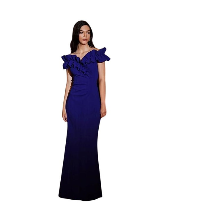 Xscape Womens 14 Scuba Crepe Ruffle Collar Ruched Off The Shoulder Maxi Dress
