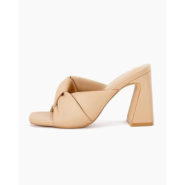 Coutgo Womens Size 8.5 Tan Chunky 4" Block Heel Slide On Open Toe Knotted Shoes