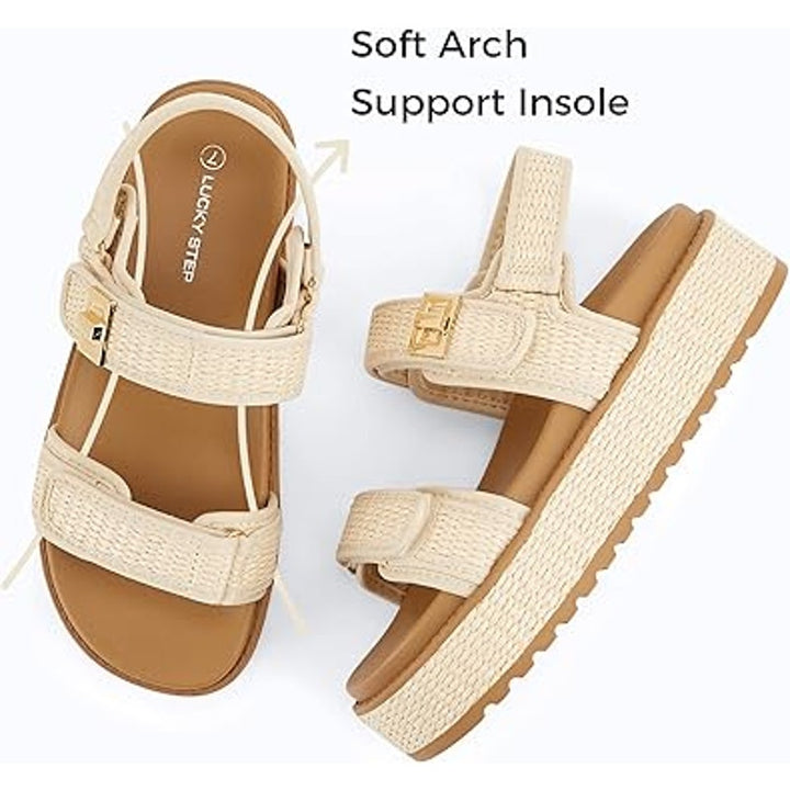 Lucky Step Womens Size 7 Tan Raffia Hook Loop 2" Platform Open Toe Sandal Shoes