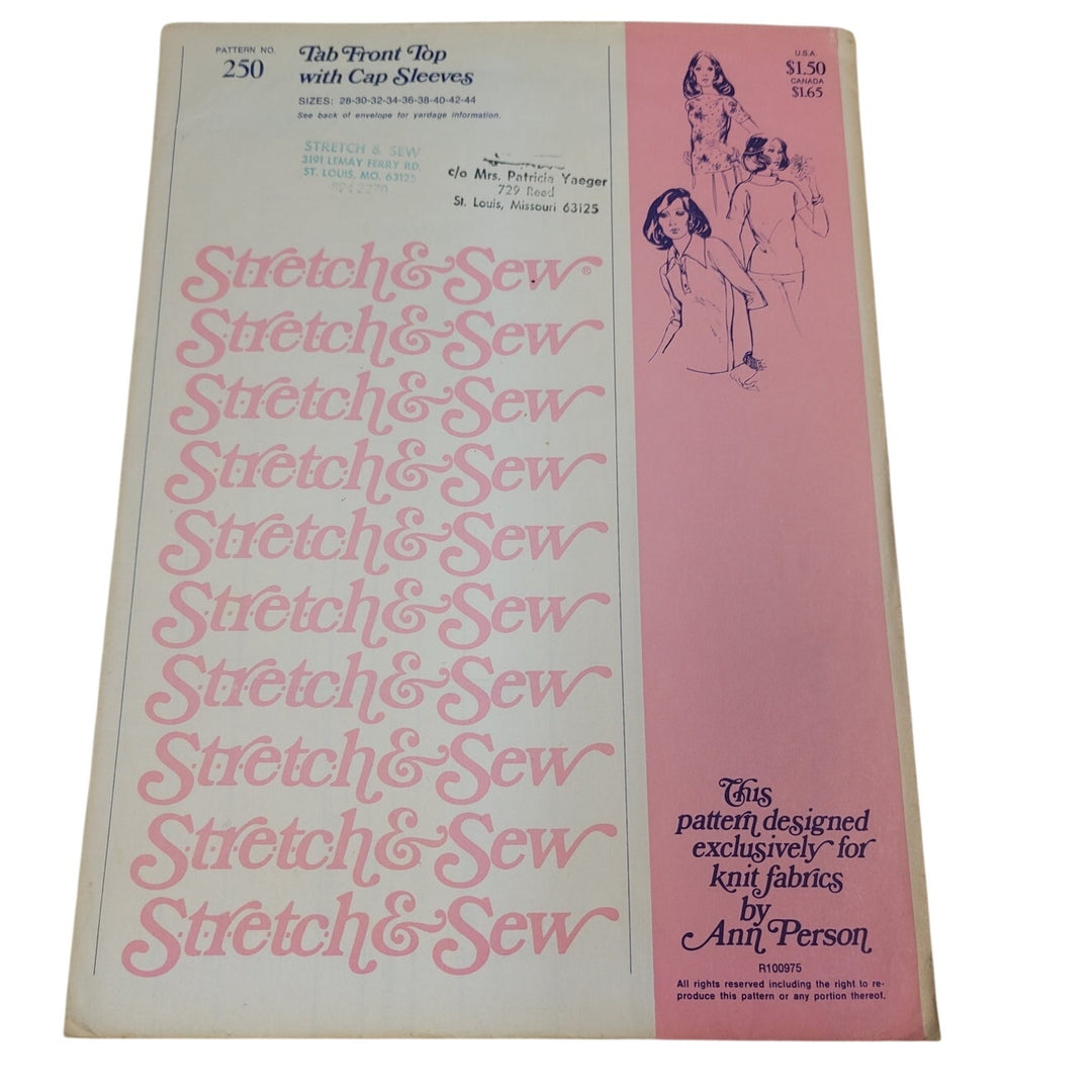 1974 Stretch &amp; Sew 250 Tab-Front Cap-Sleeve Top Sewing Pattern, Complete &amp; Uncut