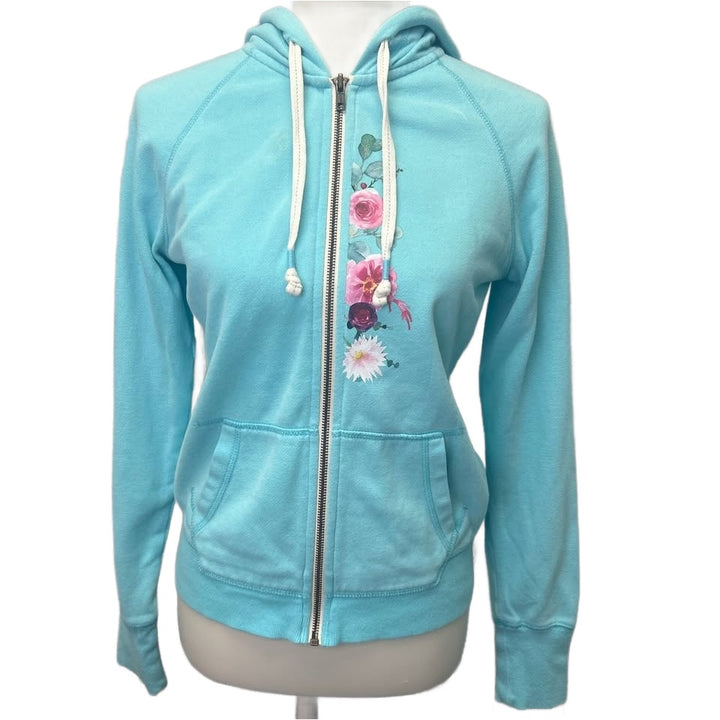 Hand Printed Upcycled Womens Small Peony Flowers Full Zip Lightweight Jacket