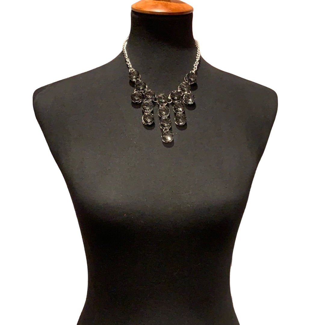New Midnite Steel Gray Gem Waterfall Rhinestone Statement Fashion Necklace
