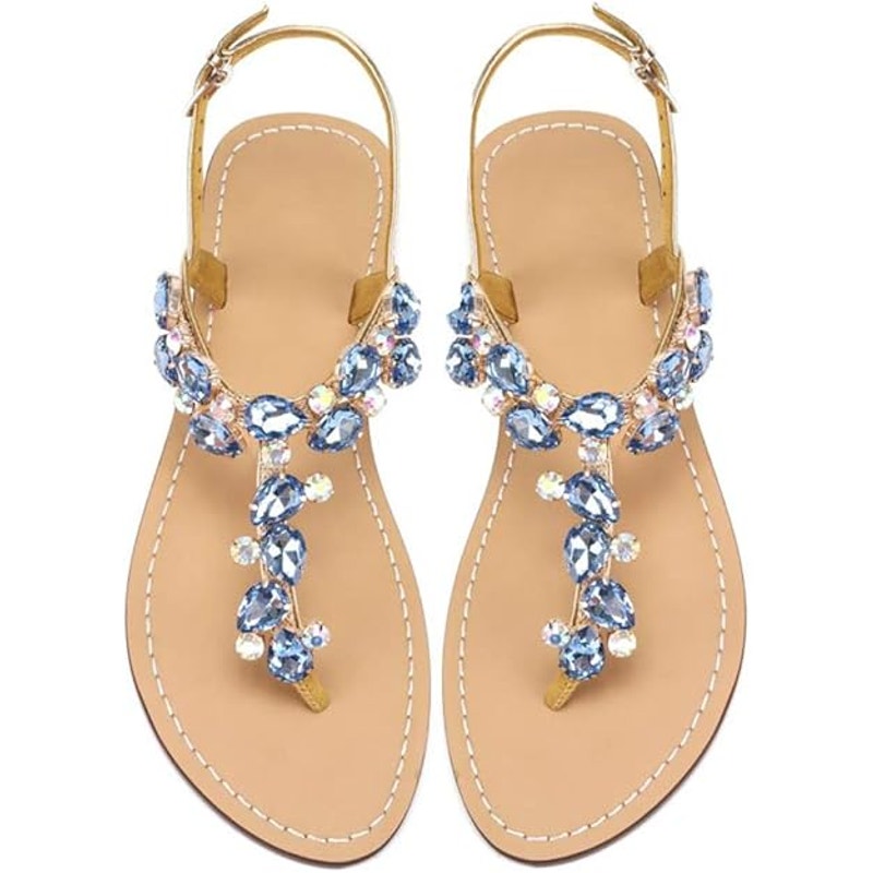 Aijivou Womens Size 8.5 Blue Rhinestone Sandals Flip Flop Open Round Toe Shoes