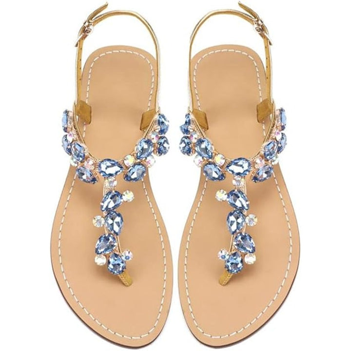 Aijivou Womens Size 8.5 Blue Rhinestone Sandals Flip Flop Open Round Toe Shoes