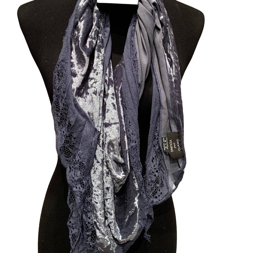New David &amp; Young Velour Soft Silver Blue Lacy Triangle MultiStyle Fashion Scarf